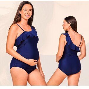 Maternity Swimwear One Shoulder Flounce One Piece, Navy Size Medium